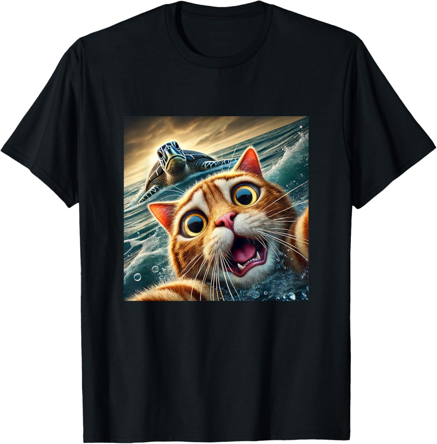 Funny Cat Taking Selfie With Sea Turtle T-Shirt - T-Shirt | Black