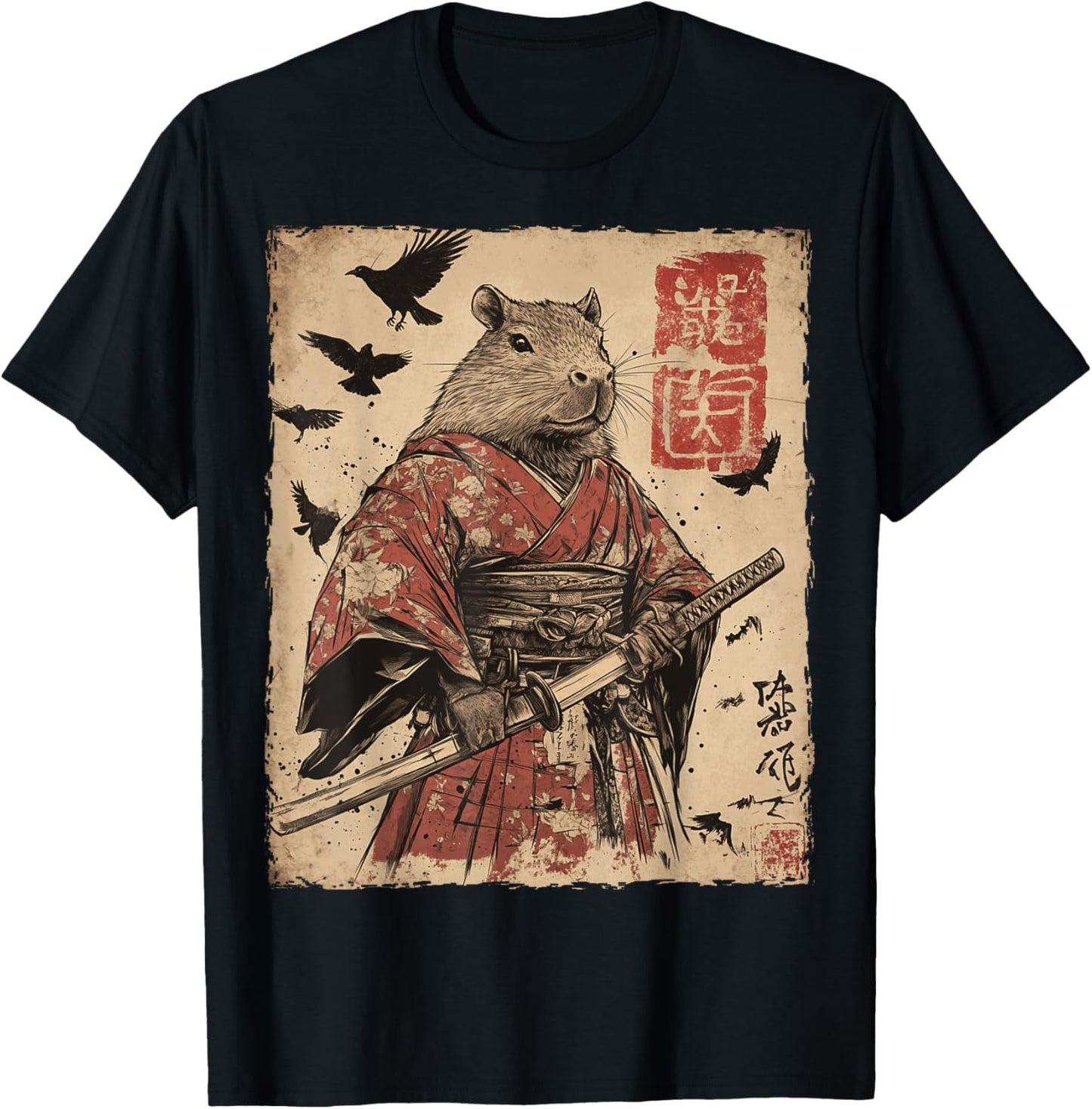 Capybara Samurai Graphic Japanese Warrior Anime T-Shirt - T-Shirt | Black