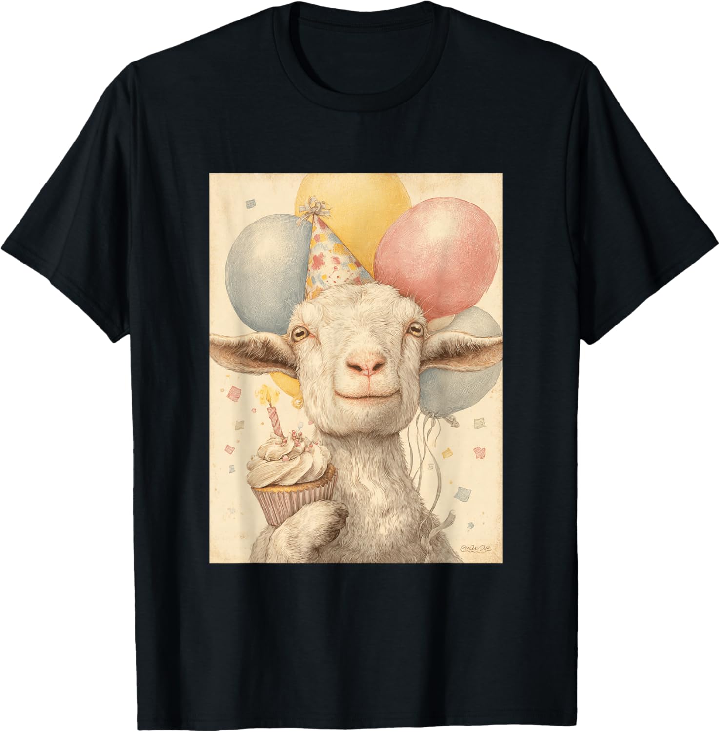 Goat Retro Art Print Birthday Party Balloons & Cupcake T-Shirt - T-Shirt | Black