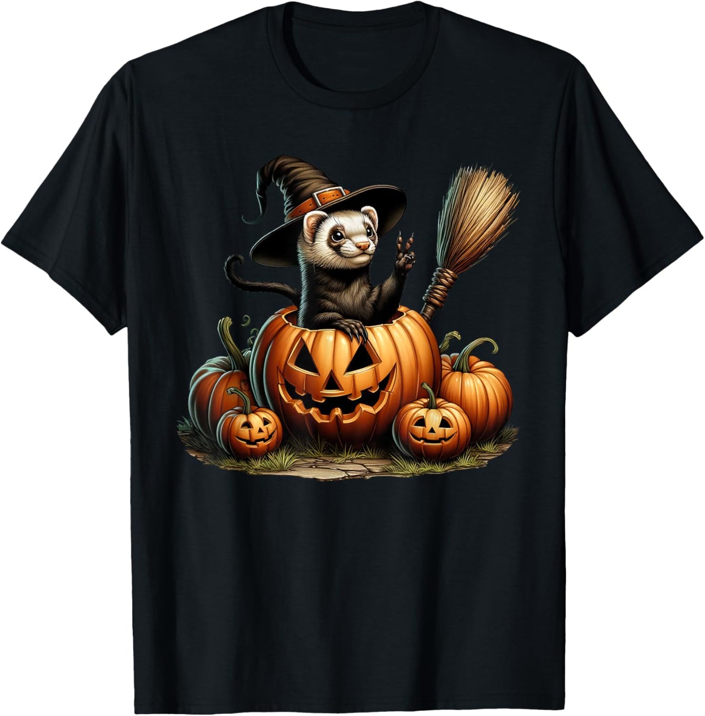 Funny Ferret Witch Pumpkin Halloween Kids T-Shirt - T-Shirt | Black