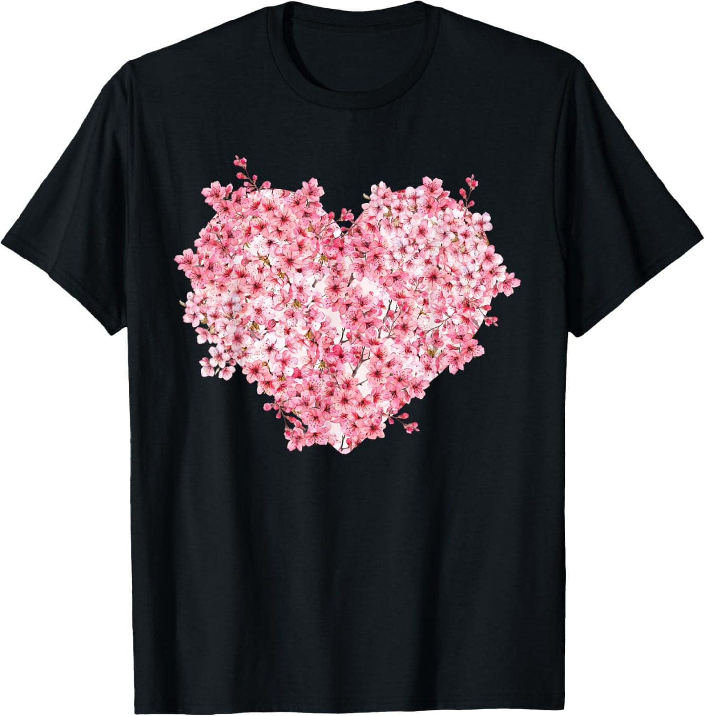 Cool Japanese Sakura Cherry Blossom Floral Heart Graphic T-Shirt - T-Shirt | Black