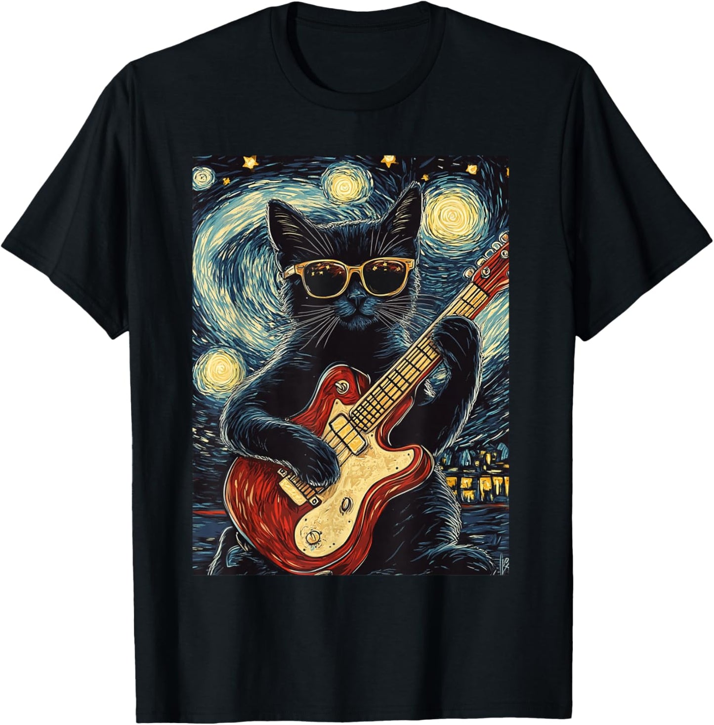 Funny Starry Night Van Gogh Black Cat Playing Guitar Art T-Shirt - T-Shirt | Black