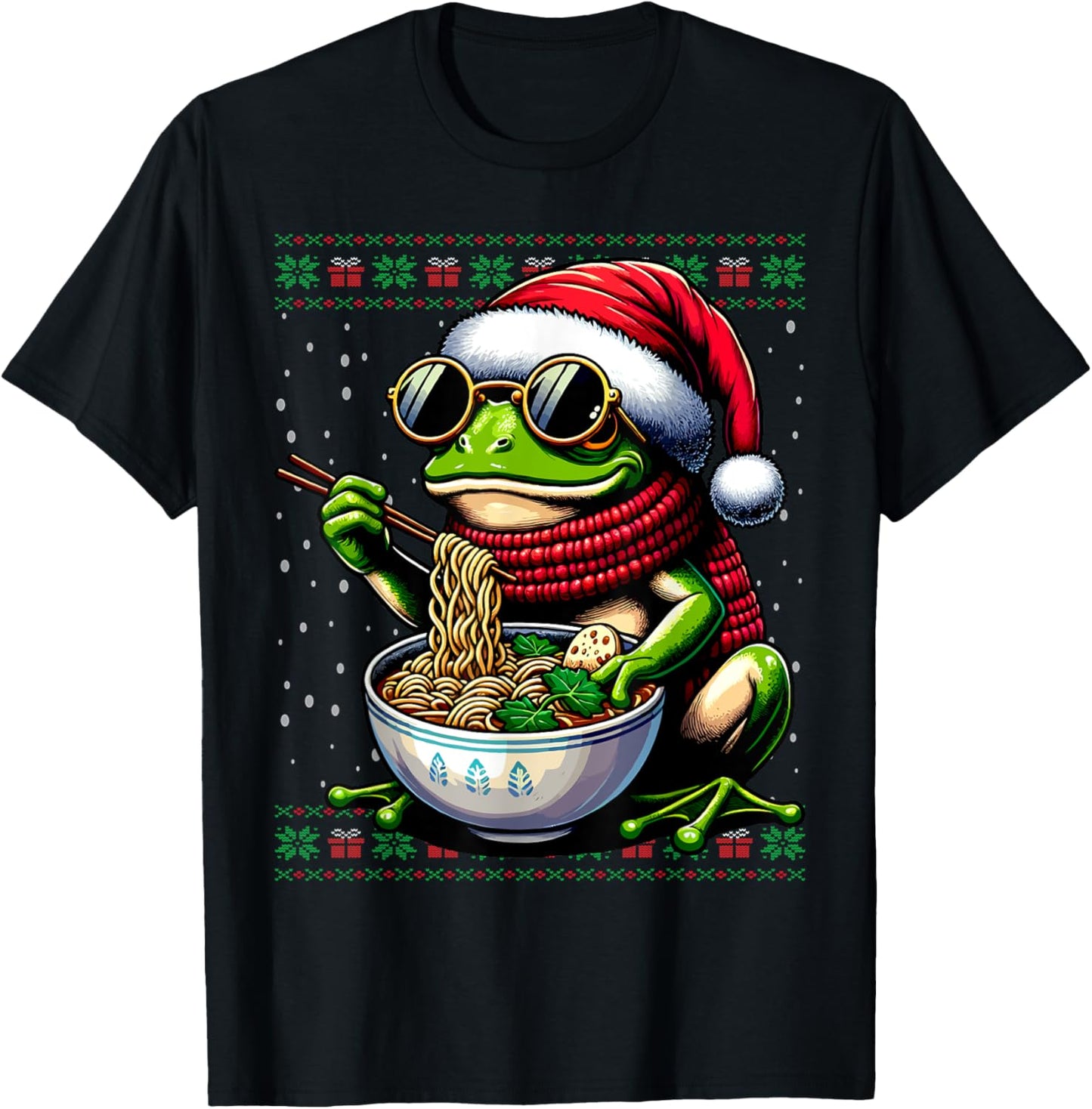 Christmas Frog Eating Ramen Ugly Christmas Sweater T-Shirt - T-Shirt | Black
