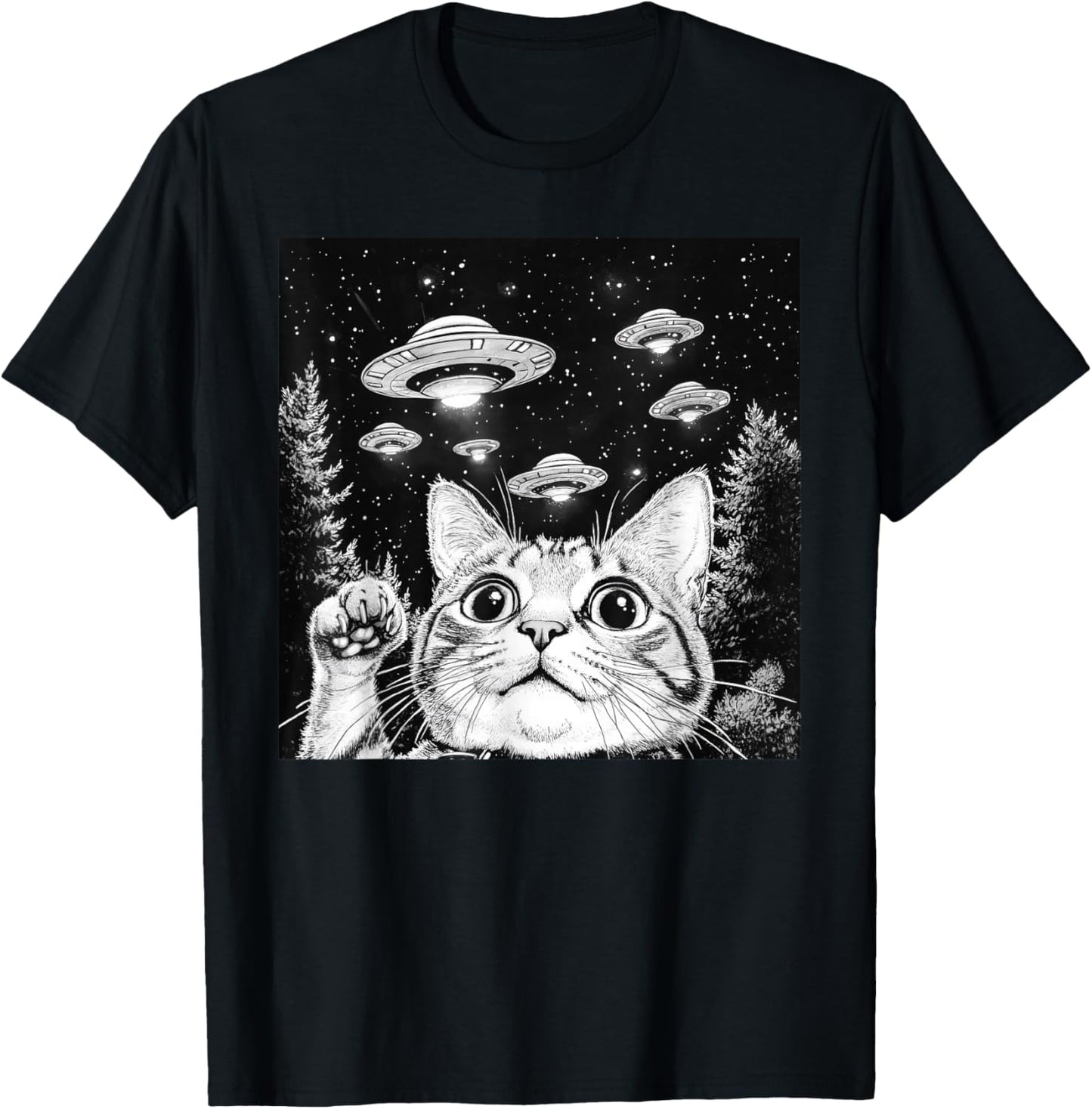Cat Selfie With Alien UFO Funny Cat T-Shirt - T-Shirt | Black