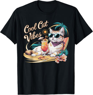 Cool Cat Vibes, A chic Fashionable Cat Tropical Beach T-Shirt - T-Shirt | Black