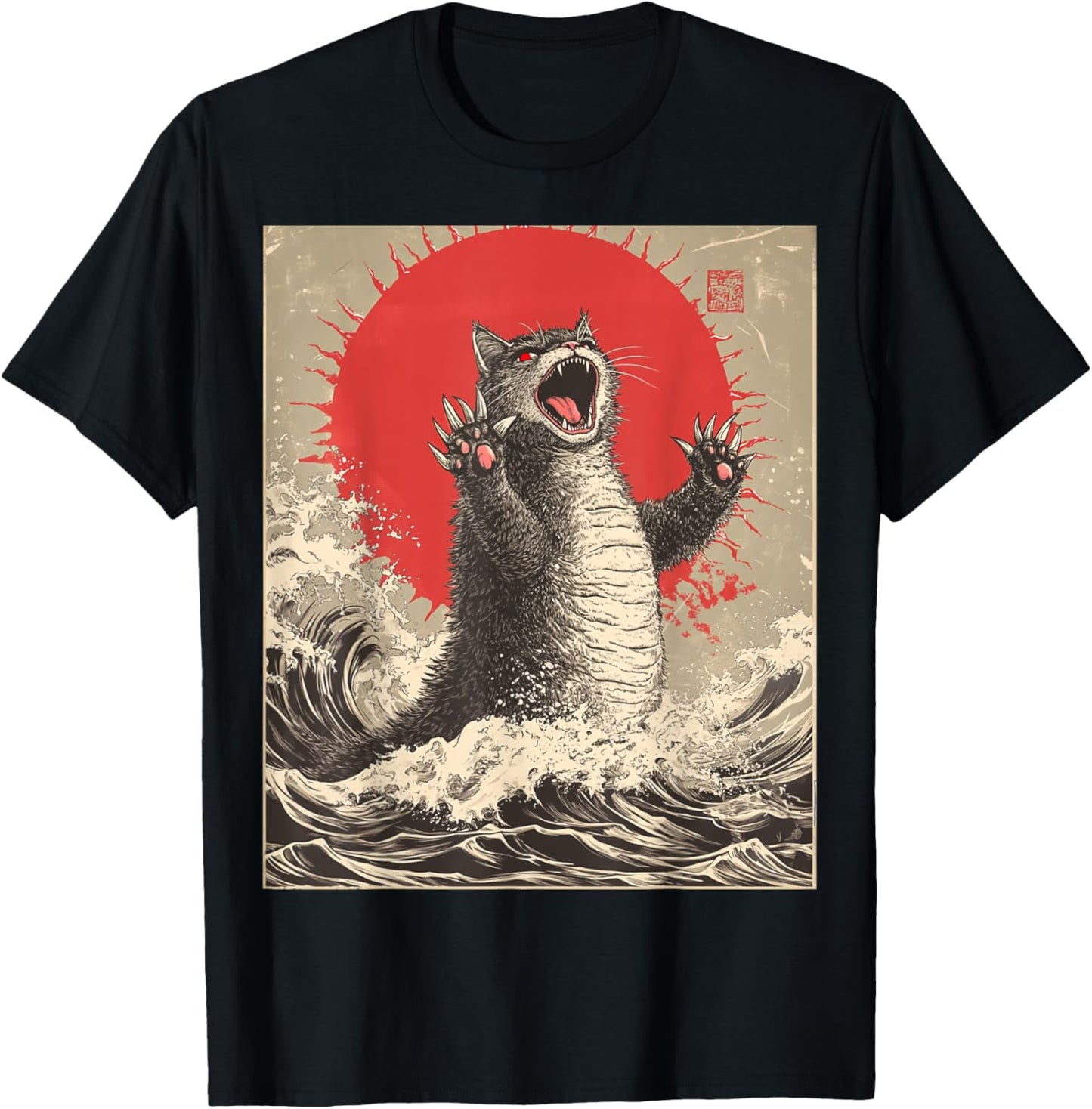 Funny Cat Lover Graphic Art Cute Catzilla Cat Japanese Art Funny Cat T-Shirt - T-Shirt | Black