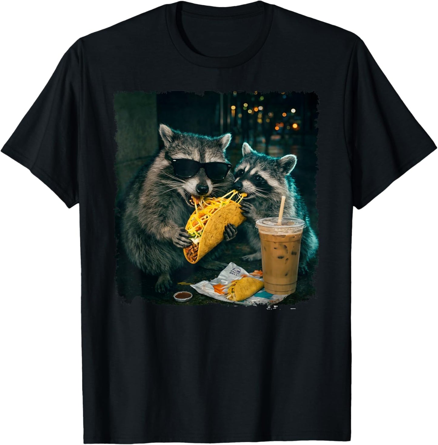 Funny Raccoon Eating Tacos Women Kids Cinco De Mayo T-Shirt - T-Shirt | Black