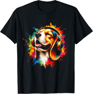 Cool Beagle Dog Headphone Music Art Christmas Men Women Kids T-Shirt - T-Shirt | Black
