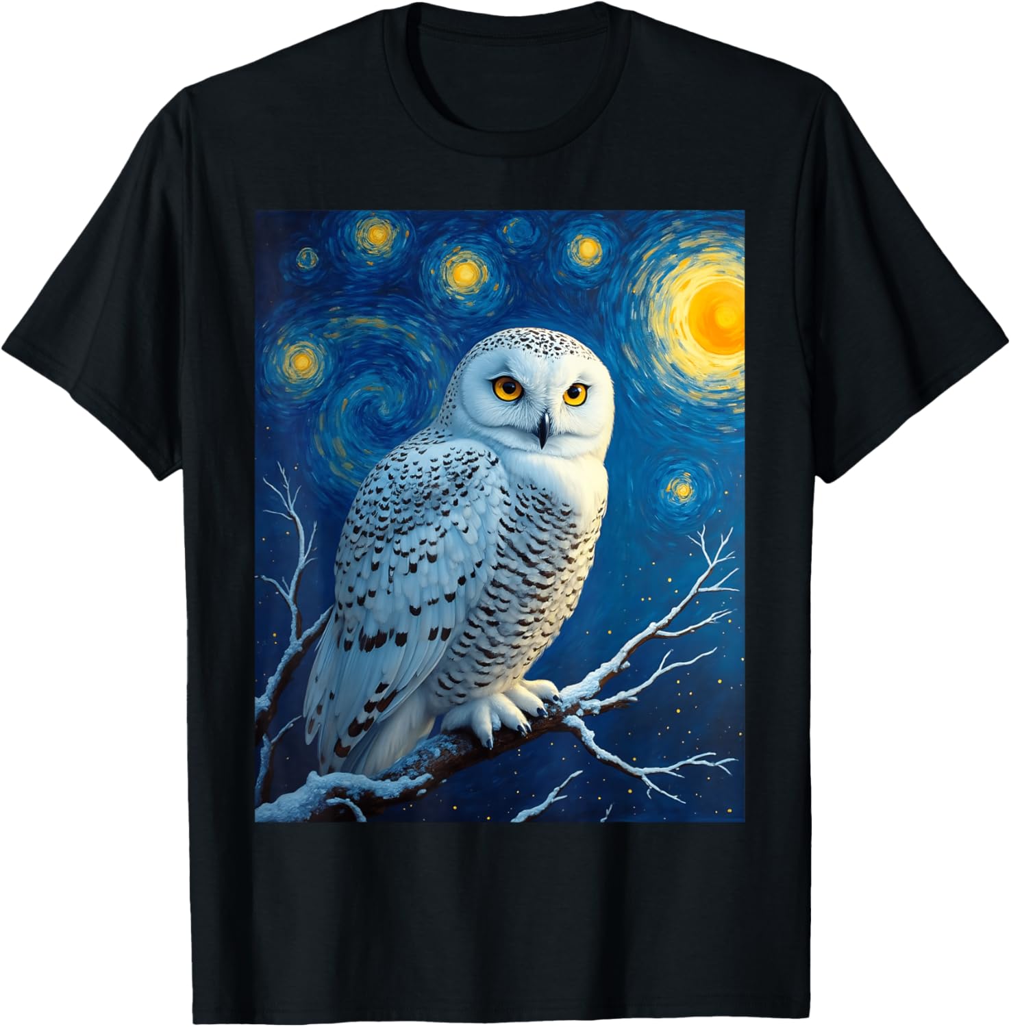 Van Gogh's Starry Night Snowy Owl Arctic Hunter Animal T-Shirt - T-Shirt | Black