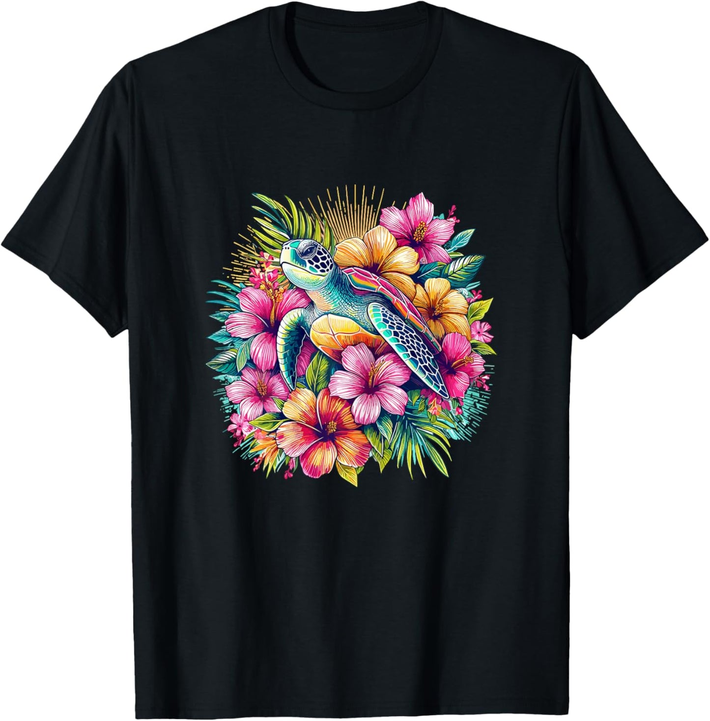 Sea Turtle Hawaiian Flowers Hawaii T-Shirt - T-Shirt | Black