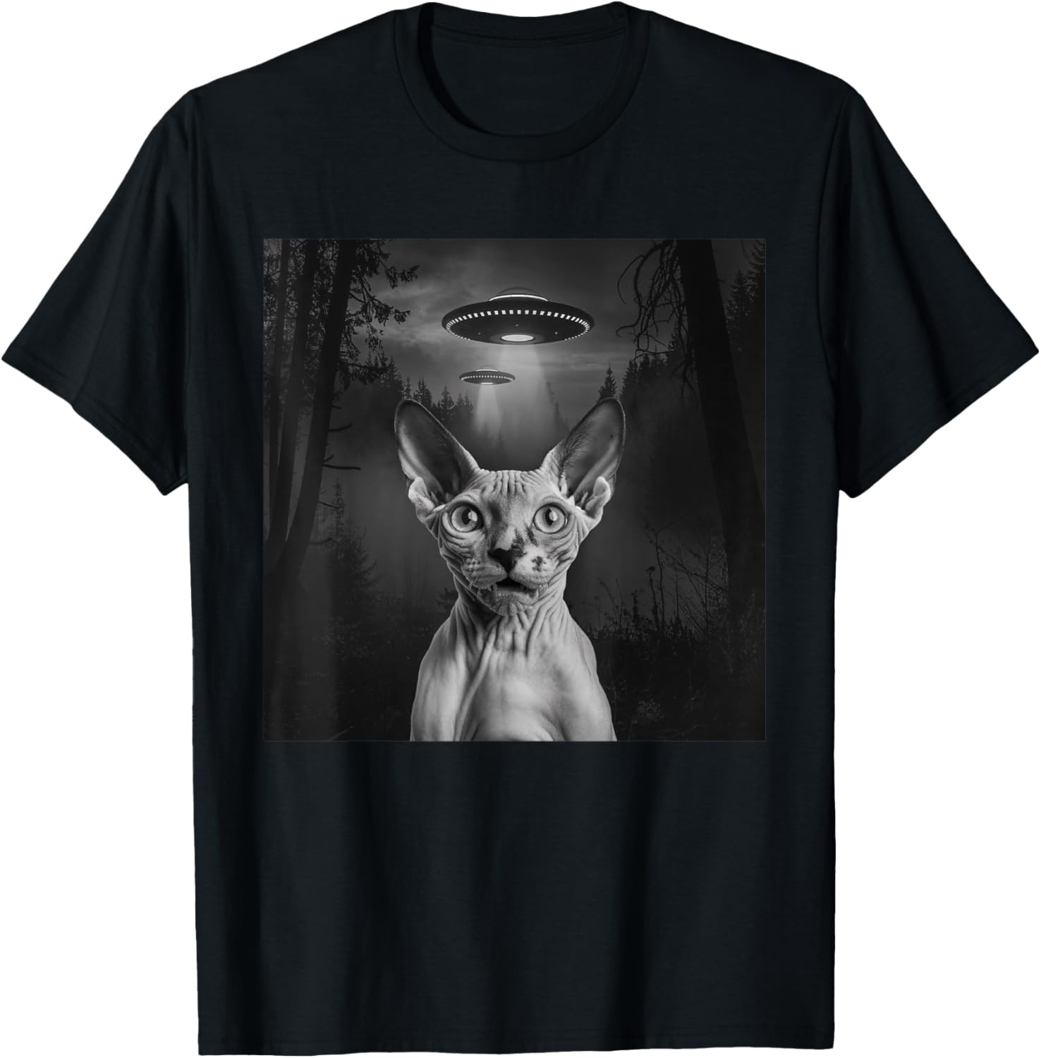 Sphynx Cat Selfie With Alien UFO Funny Cat Outfit T-Shirt - T-Shirt | Black
