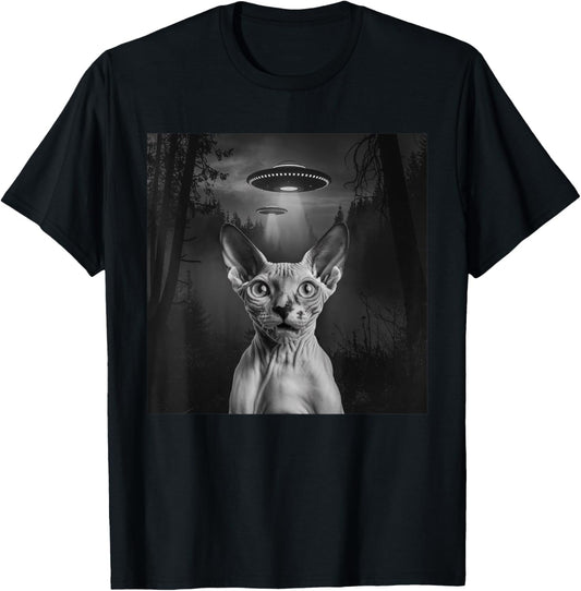 Sphynx Cat Selfie With Alien UFO Funny Cat Outfit T-Shirt - T-Shirt | Black