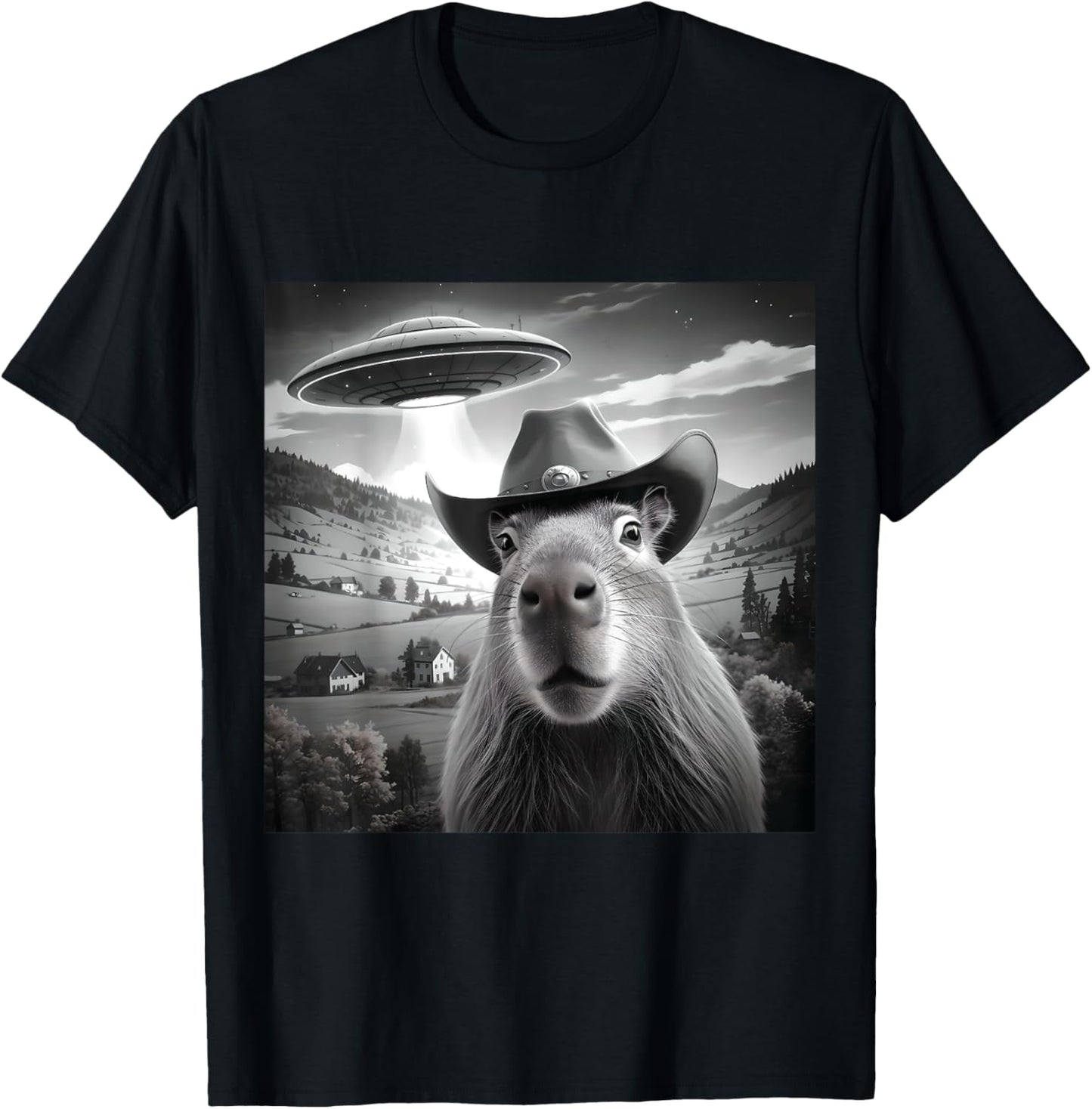 Funny Capybara Selfie Wearing Cute Hat With UFOs Weird T-Shirt - T-Shirt | Black