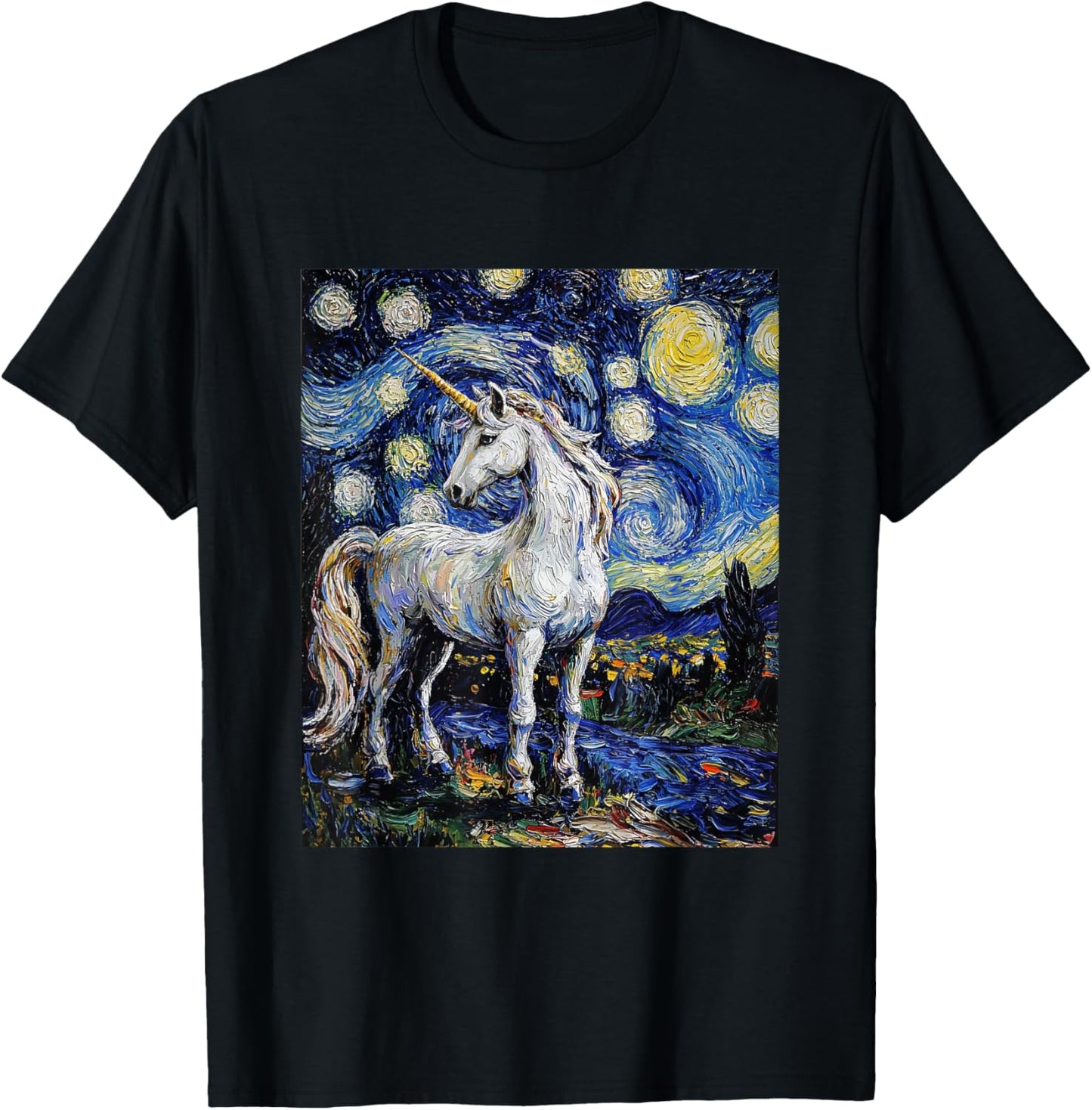 Cute Unicorn - Van Gogh Style - Starry Night T-Shirt - T-Shirt | Black