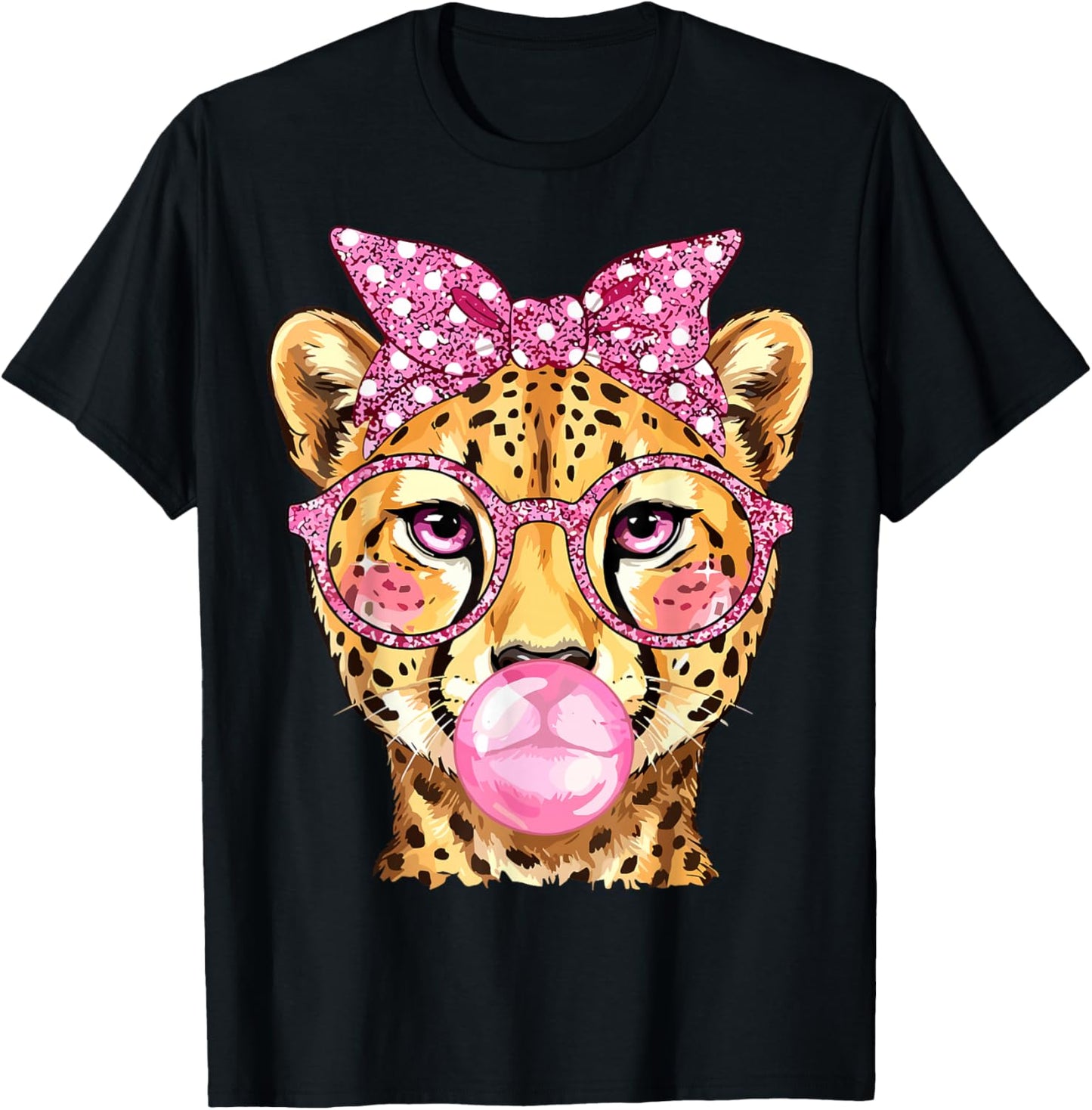 Cheetah with Glasses Bubblegum and Pink Bow T-Shirt - T-Shirt | Black