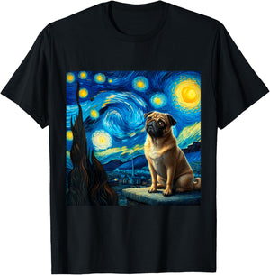pug Vincent van Gogh Starry Night T-Shirt - T-Shirt | Black