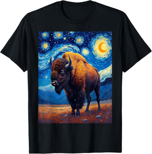 Van Gogh's Starry Night Bison American Buffalo Animal Lovers T-Shirt - T-Shirt | Black