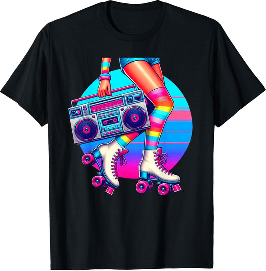 Retro Rollerskates Funny 80's Roller Disco Skating Girl T-Shirt - T-Shirt | Black