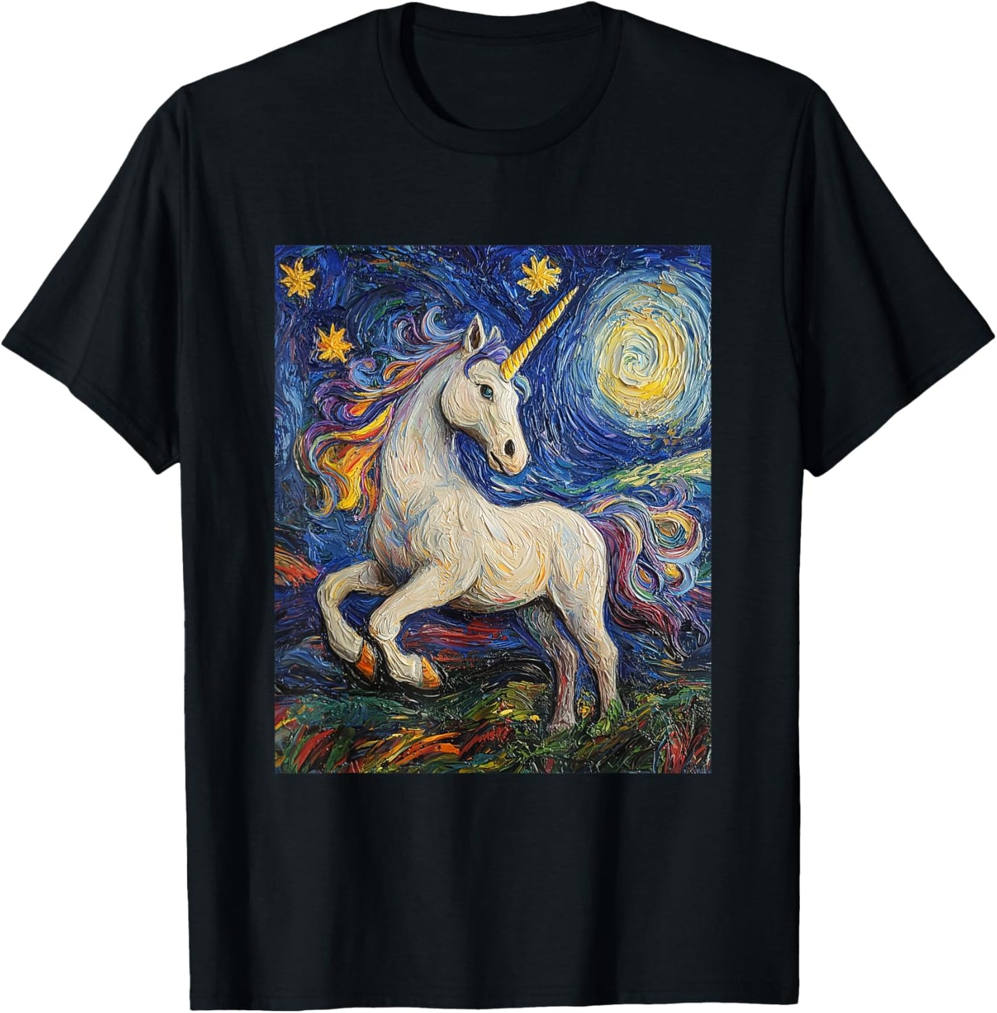 Cute Unicorn - Van Gogh Style - Starry Night T-Shirt - T-Shirt | Black