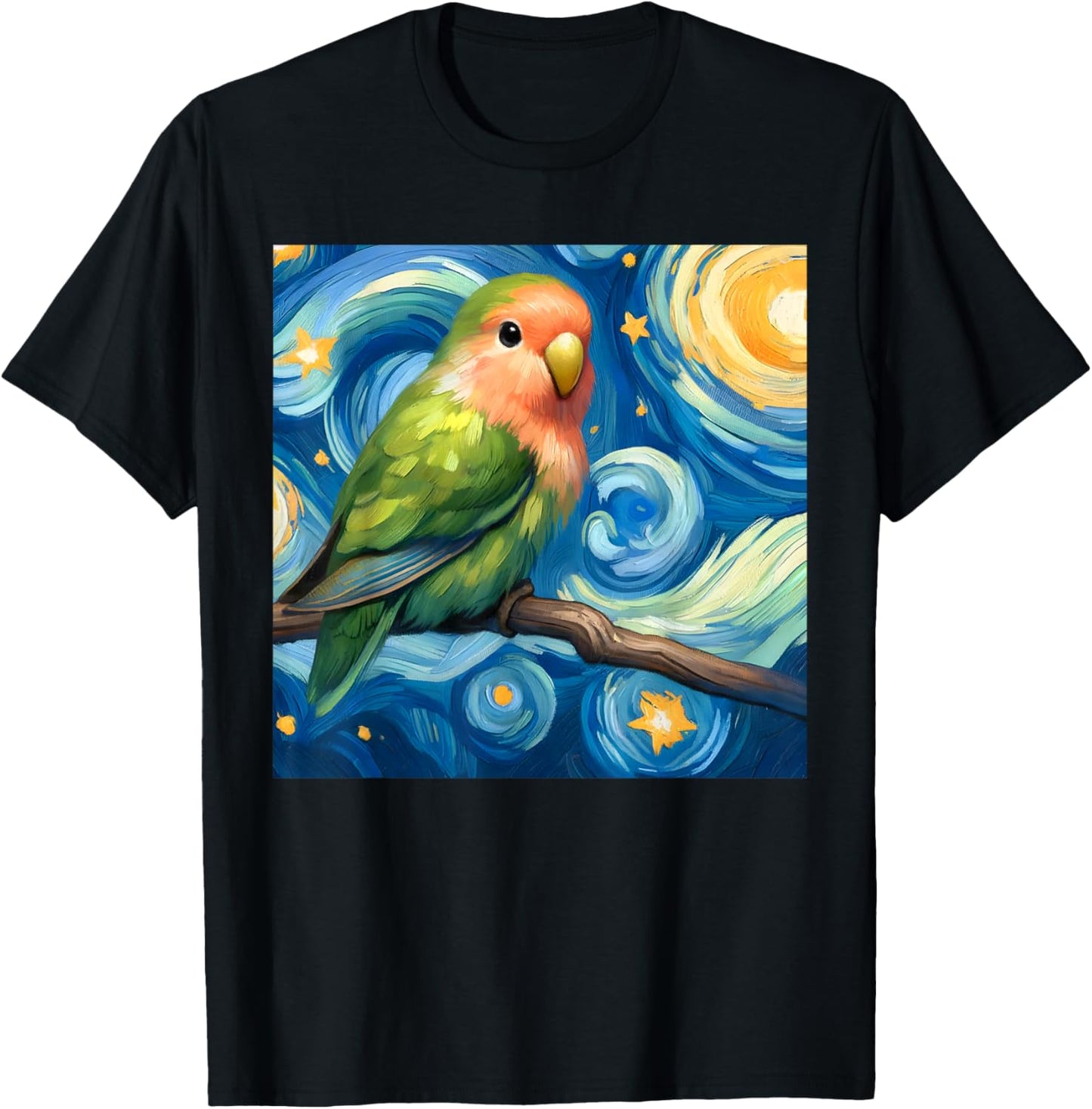 Rosy-faced Green Lovebird Parrot Starry Night Sky Van Gogh T-Shirt - T-Shirt | Black