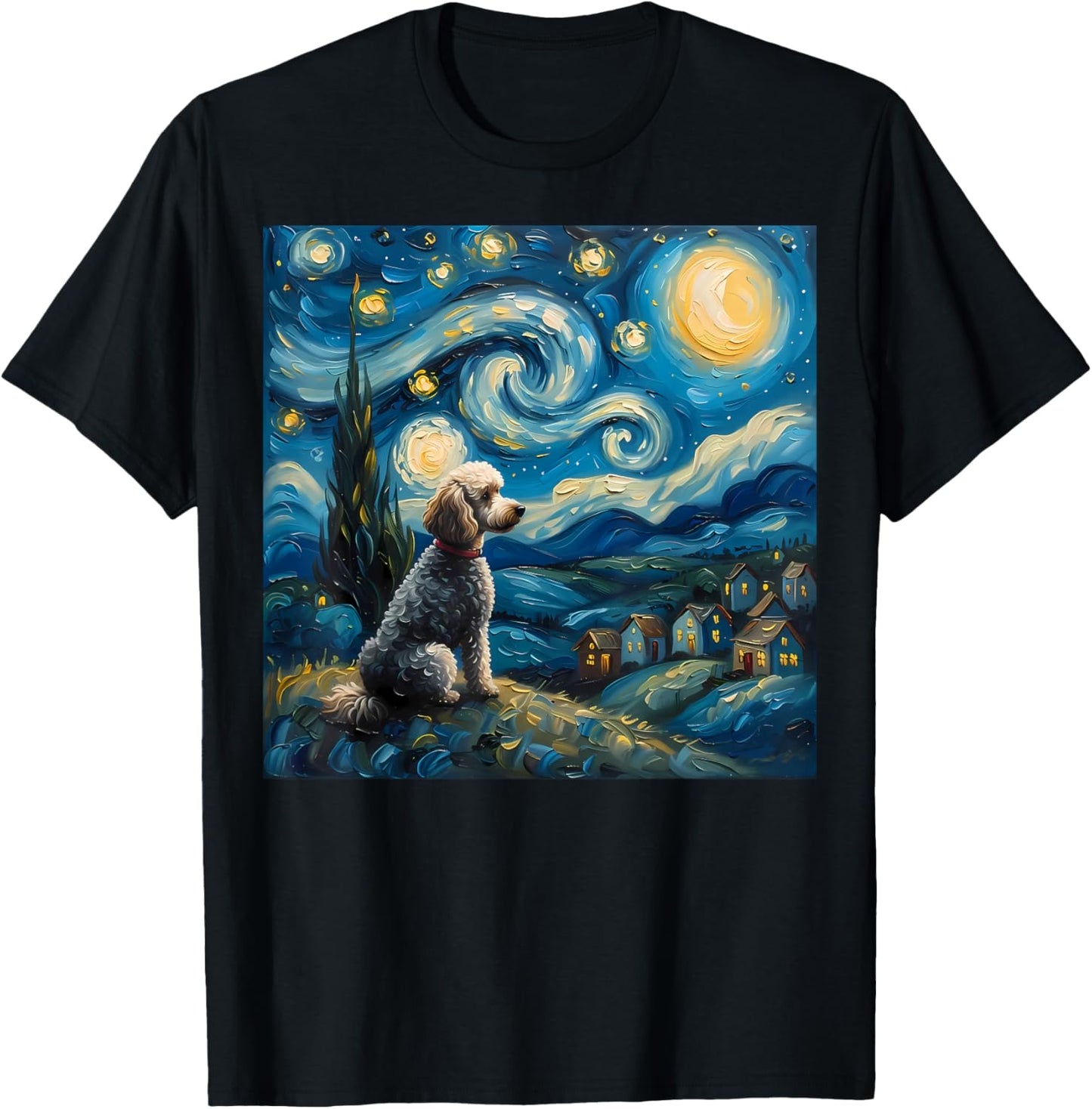 Poodle Dog Lovers The Starry Night Van Gogh Style Painting T-Shirt - T-Shirt | Black