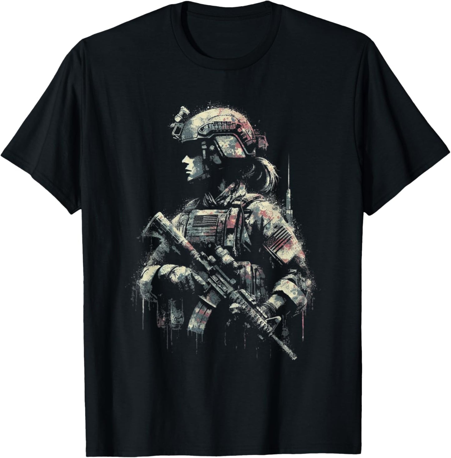 Female Soldier American Flag - Patriotic USA Veteran T-Shirt - T-Shirt | Black