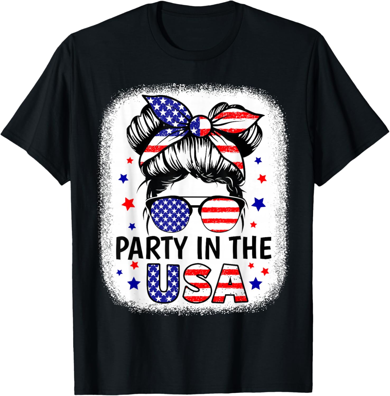 Party In USA Girls 4th of July Shirt Daughter Messy Bun USA T-Shirt - T-Shirt | Black