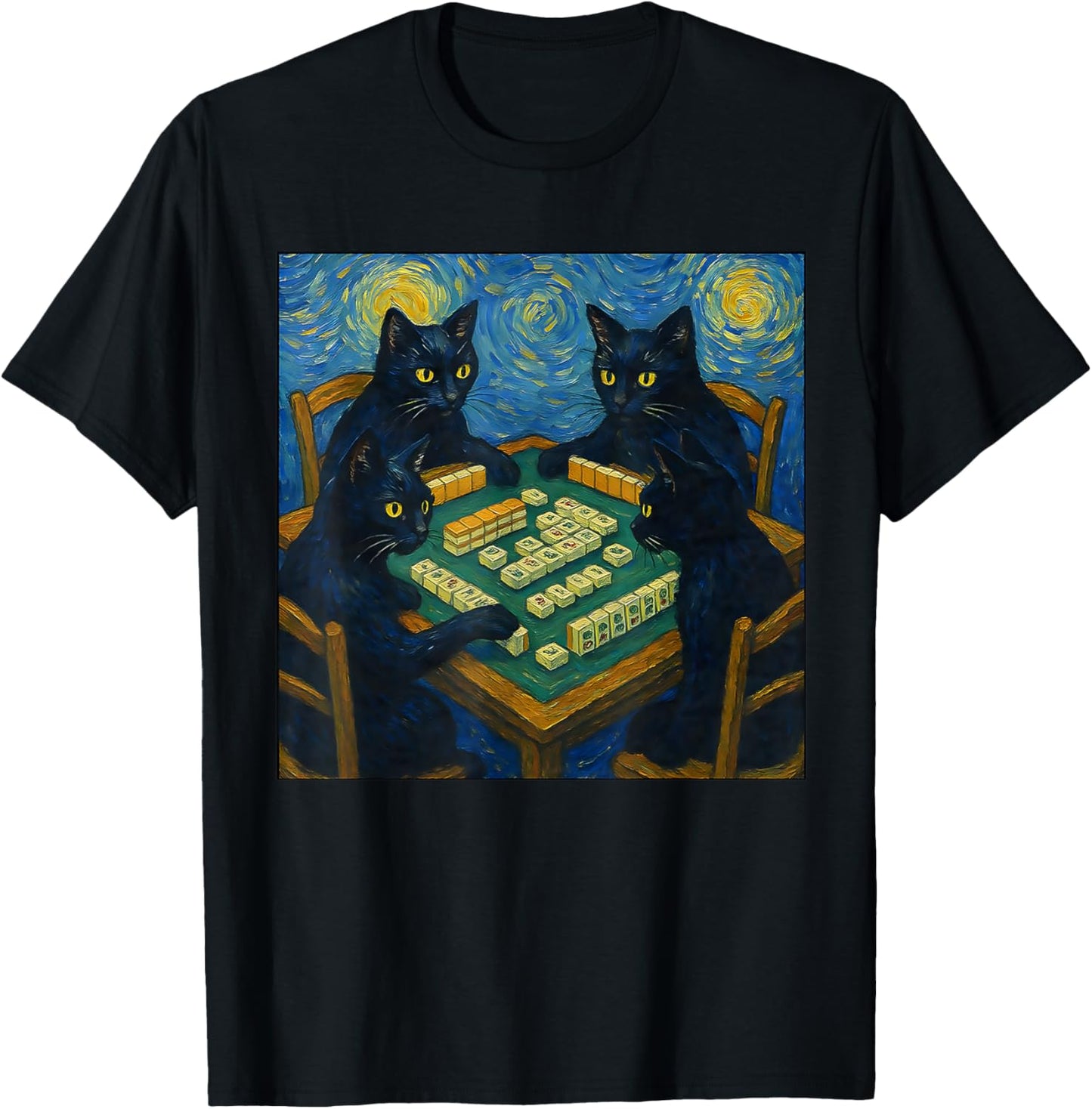 Mahjong cat Lover Van Gogh Starry Night T-Shirt - T-Shirt | Black