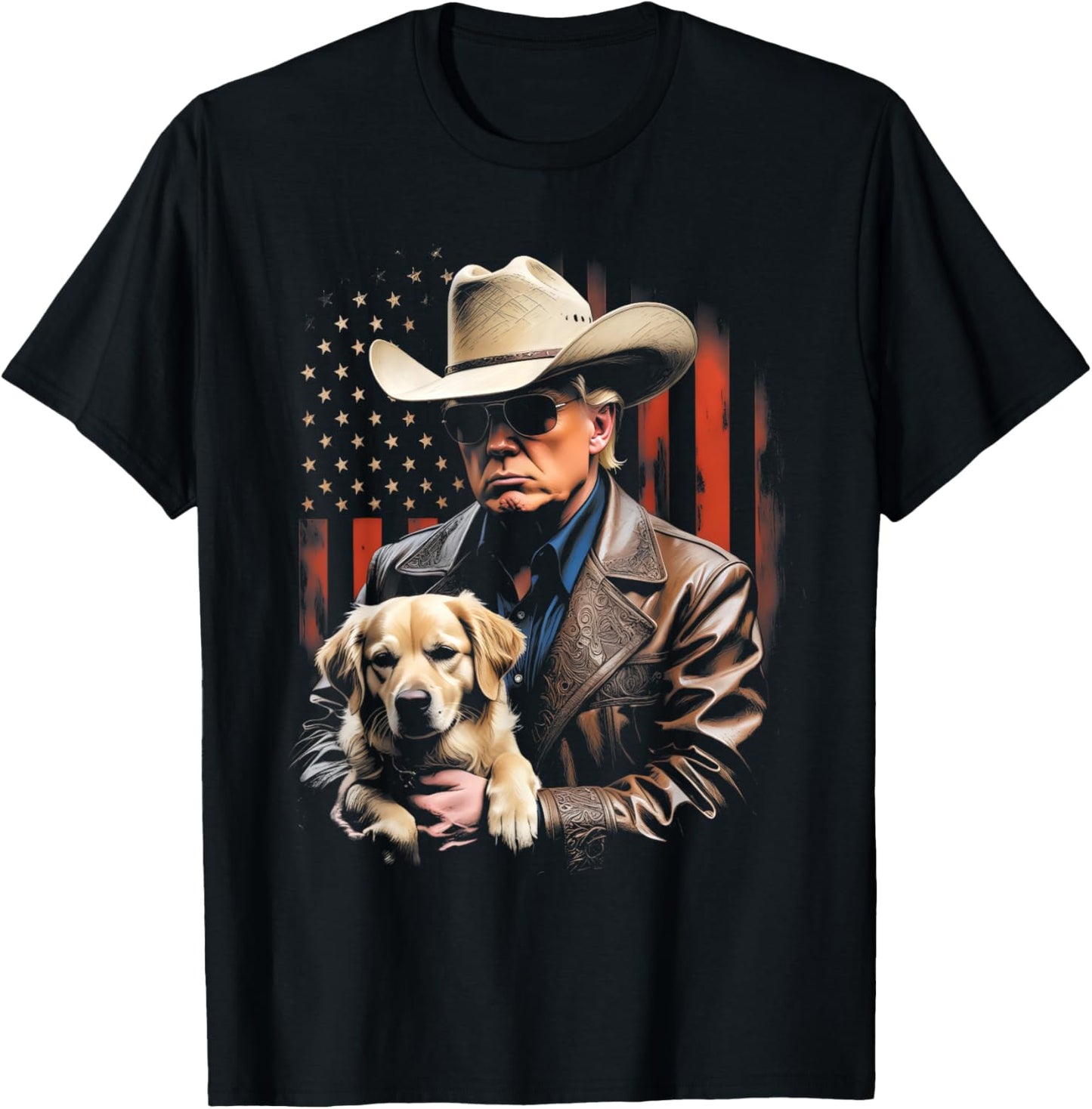 Trump and Golden Retriever Dog, American Flag Funny Cowboy T-Shirt - T-Shirt | Black