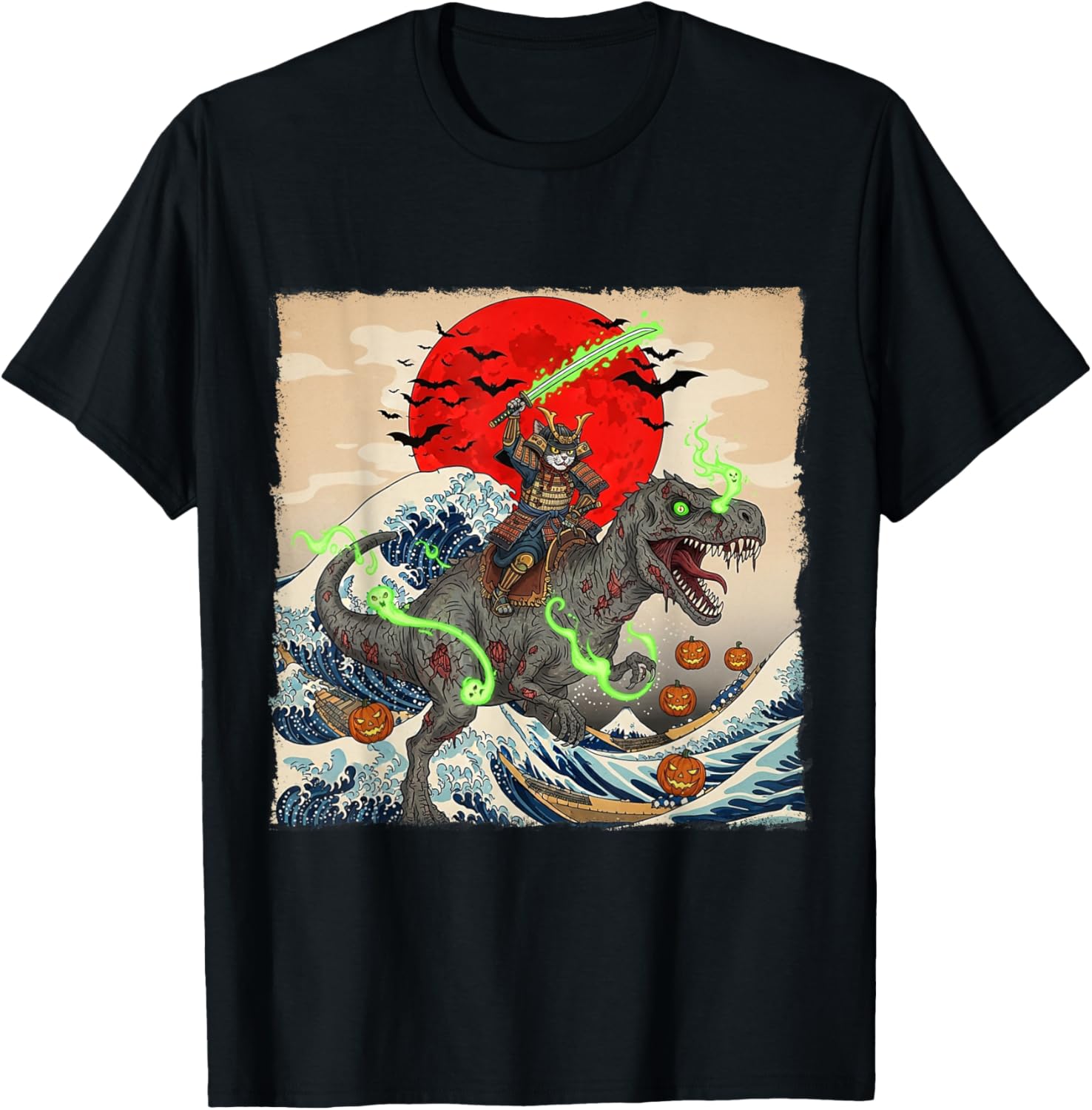 Samurai Cat vs Zombie Dinosaur Spooky Ukiyo-e Halloween T-Shirt - T-Shirt | Black