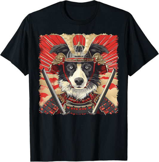 Border Collie Dog Japanese Art Samurai Ukiyo-e Vintage T-Shirt - T-Shirt | Black