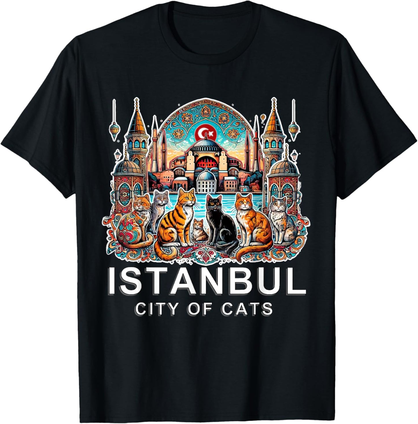 Travel to Istanbul - City of Cats, Turkey, White Font Ed T-Shirt - T-Shirt | Black