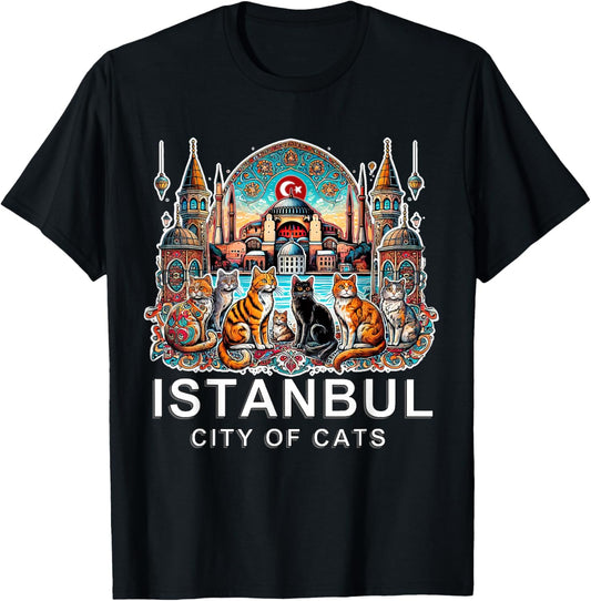 Travel to Istanbul - City of Cats, Turkey, White Font Ed T-Shirt - T-Shirt | Black