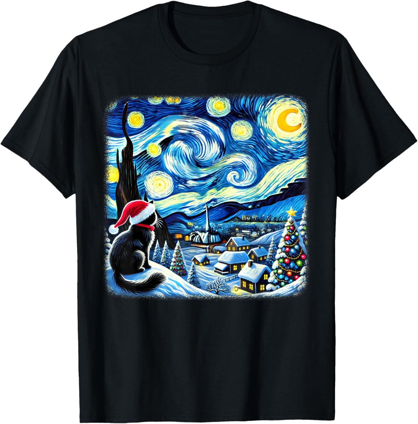 Christmas Van Gogh Starry Night Black Cat Santa Hat Xmas Women Kids T-Shirt - T-Shirt | Black