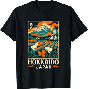 Hokkaido Japan Vintage Travel Mountain Cranes Art T-Shirt - T-Shirt | Black