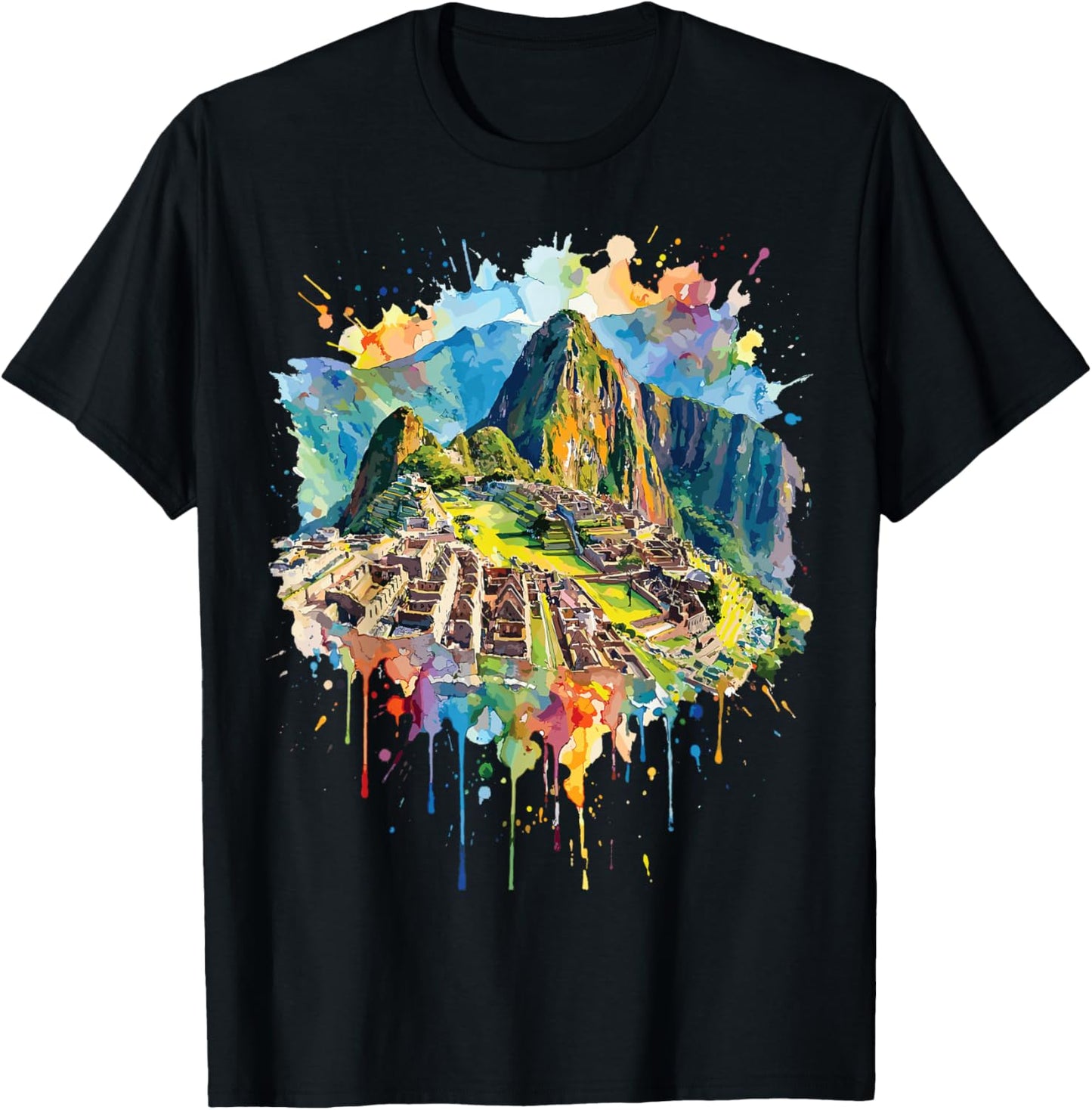 Machu Picchu Watercolor Style Peru Inca Ruins T-Shirt - T-Shirt | Black