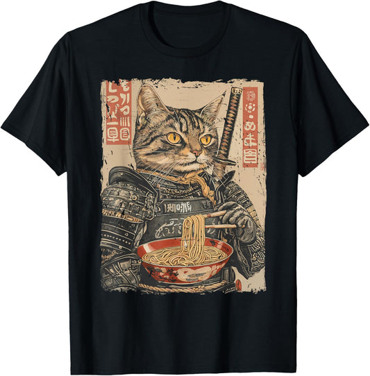 Samurai Cat Loves Ramen Funny Anime Japanese Artwork Samurai T-Shirt - T-Shirt | Black