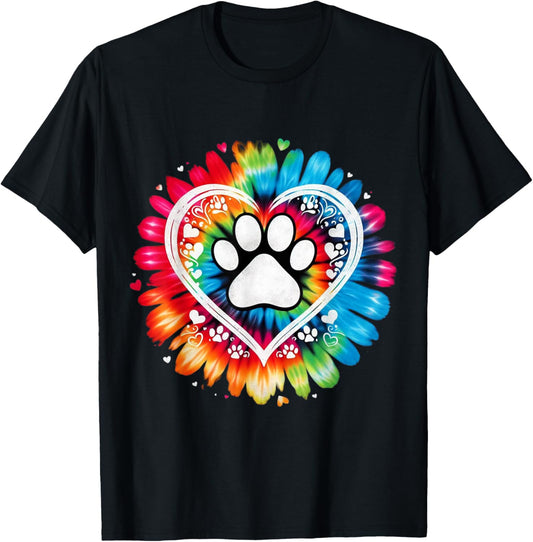 Tie Dye Love Dog Paw Print Heart Animal Lover T-Shirt - T-Shirt | Black