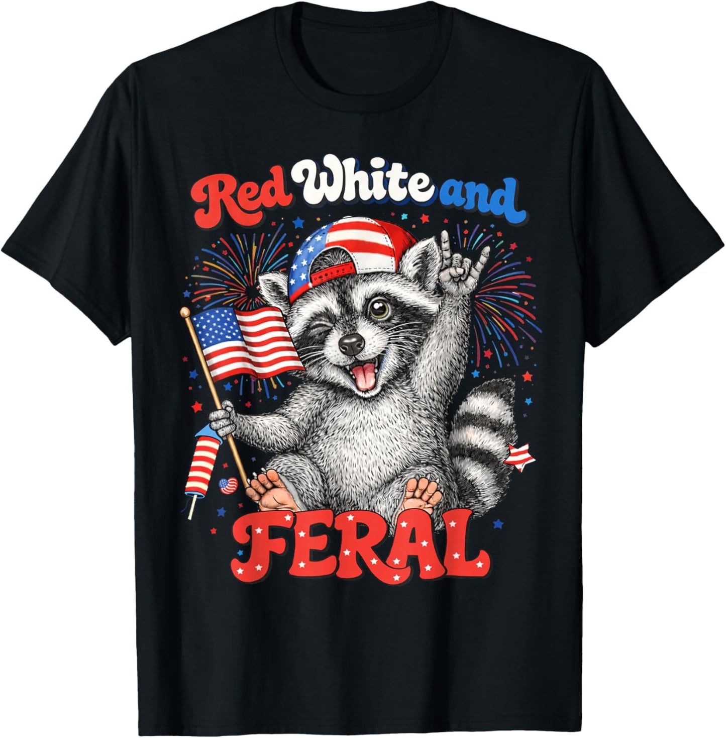 Red White Feral Raccoon Patriotic Men Women 4th of July T-Shirt - T-Shirt | Black