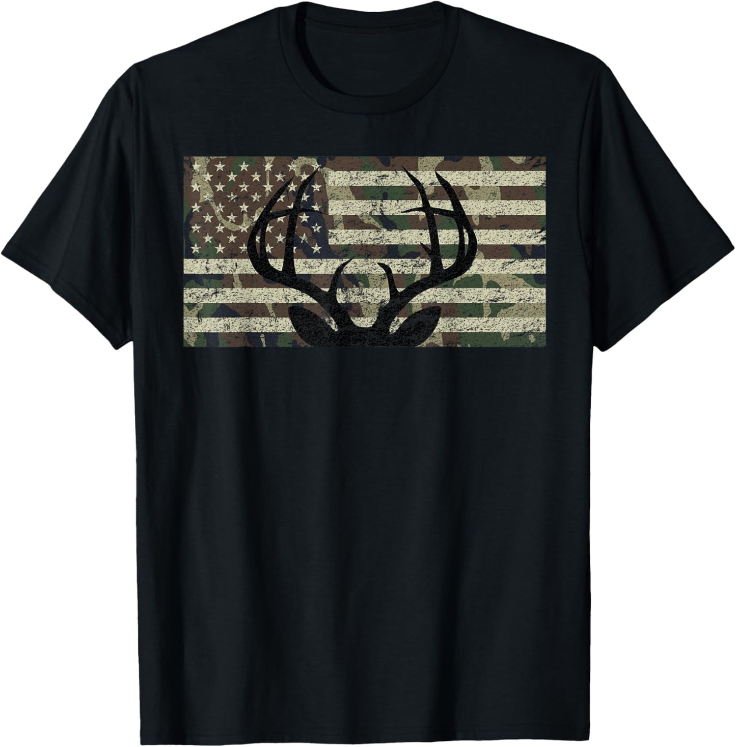 Deer Hunting Camo American Flag Buck Antlers Hunter Country T-Shirt - T-Shirt | Black