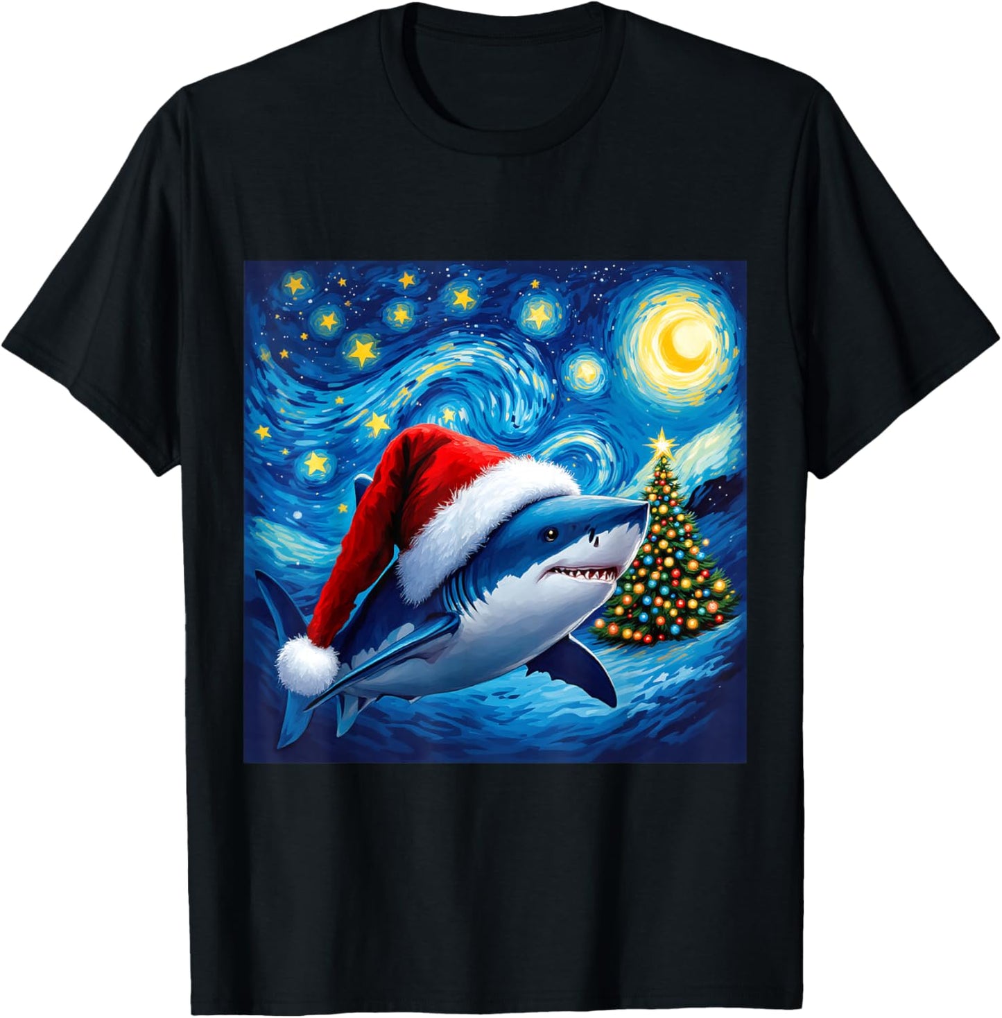 Christmas Shark Santa Hat Van Gogh Starry Night Holiday T-Shirt - T-Shirt | Black