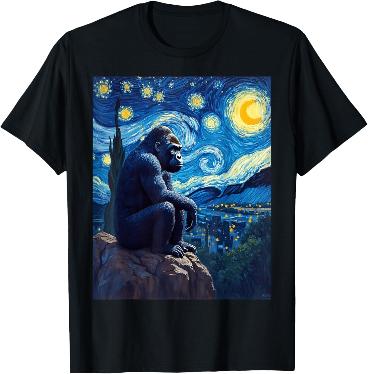 Van Gogh's Starry Night Gorilla Silverback Jungle King T-Shirt - T-Shirt | Black