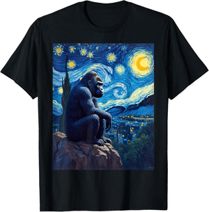 Van Gogh's Starry Night Gorilla Silverback Jungle King T-Shirt - T-Shirt | Black