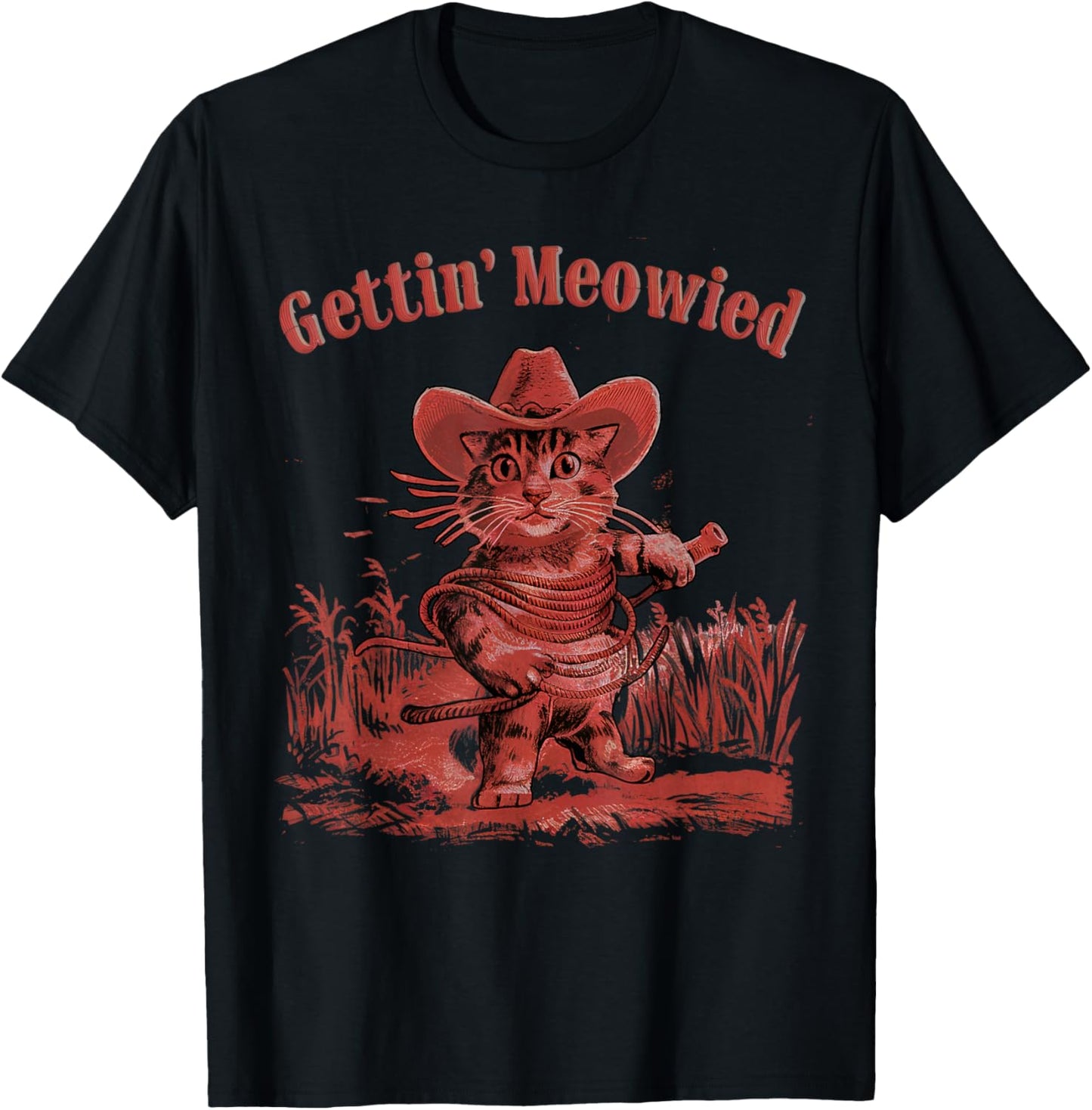 Gettin' Meowied Cat Cowboys Western Love Meowdy Fun Graphic T-Shirt - T-Shirt | Black