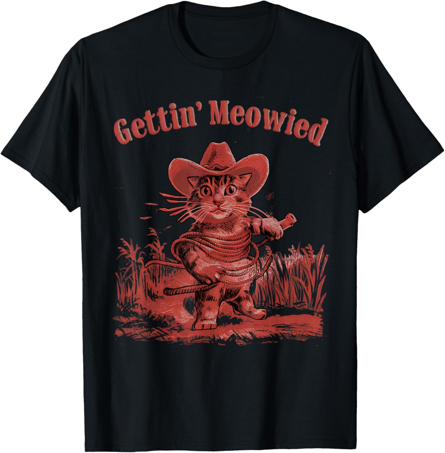 Gettin' Meowied Cat Cowboys Western Love Meowdy Fun Graphic T-Shirt - T-Shirt | Black