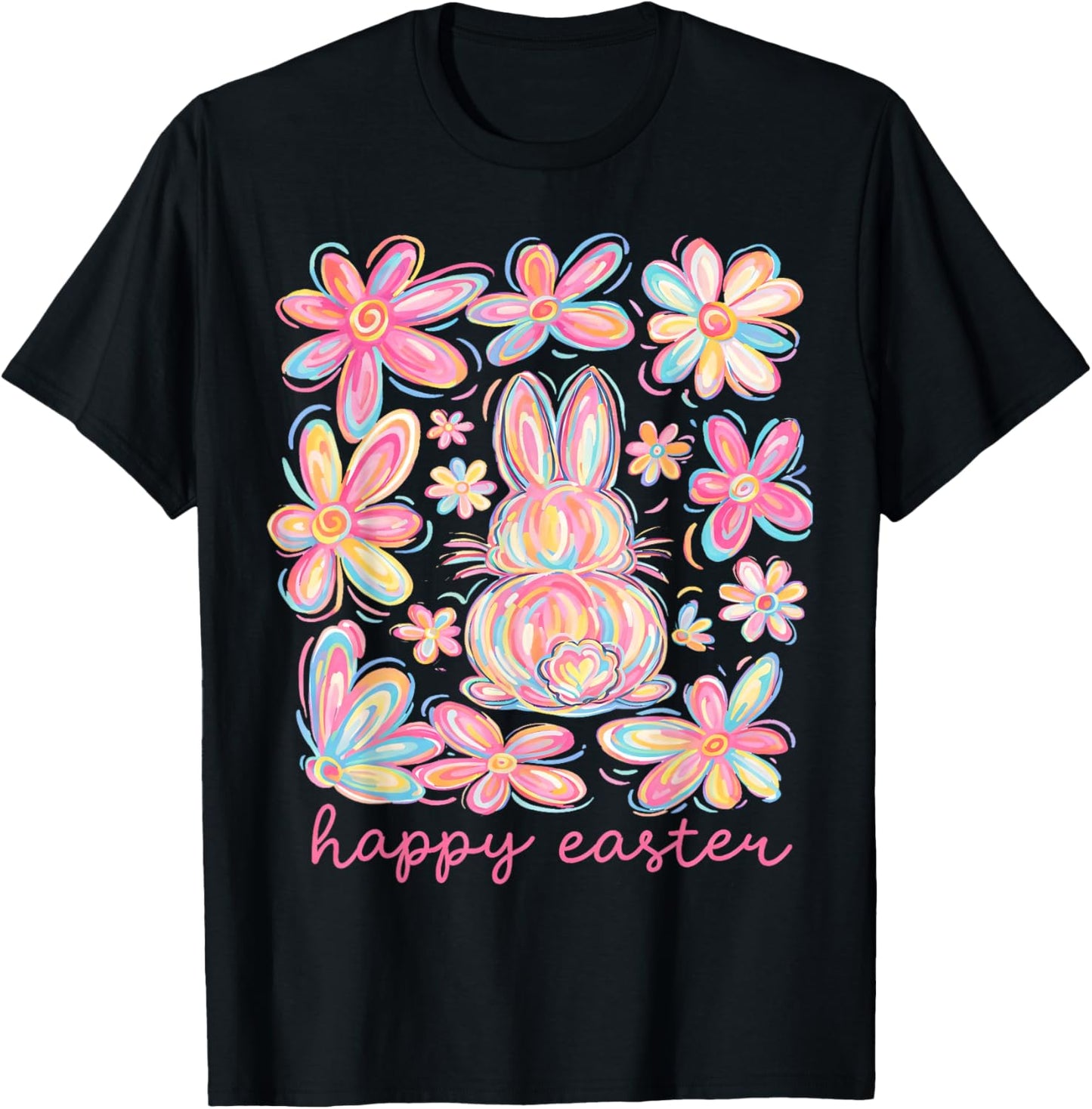 Floral Pink Bunny Cute Happy Easter Day Coquette Bow Flower T-Shirt - T-Shirt | Black