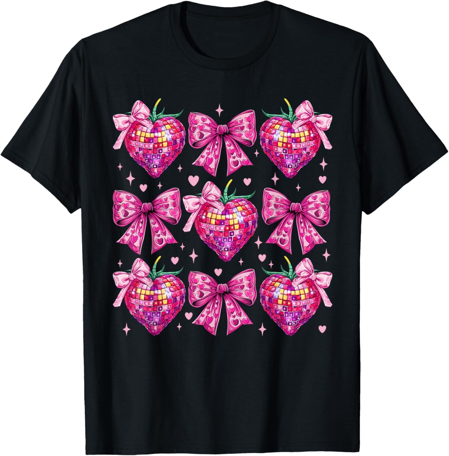 Retro Groovy Pink Coquette Bow Strawberry Valentine Heart T-Shirt - T-Shirt | Black