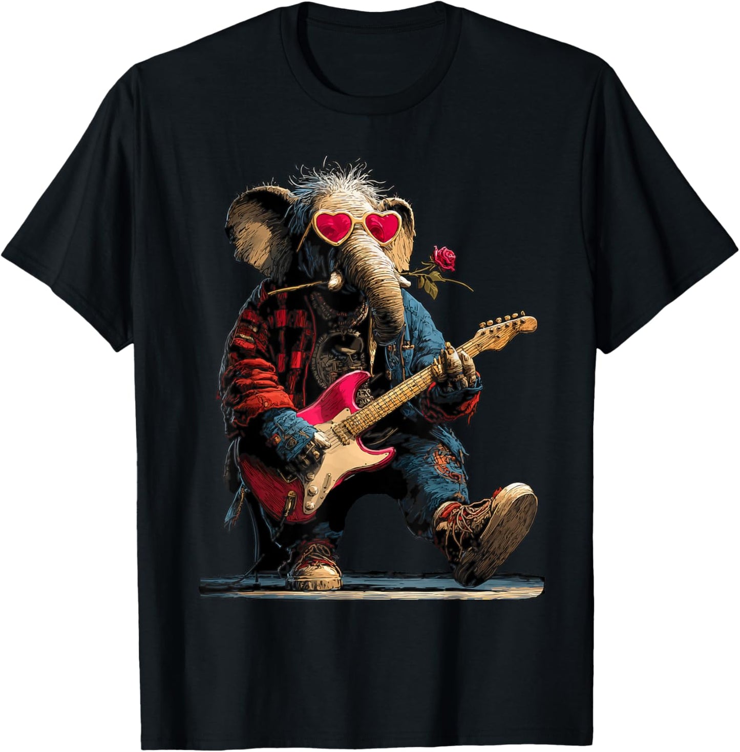 Éléphant Jouant de la Guitare Guitariste Animal Saint-Valentin T-Shirt - T-Shirt | Black