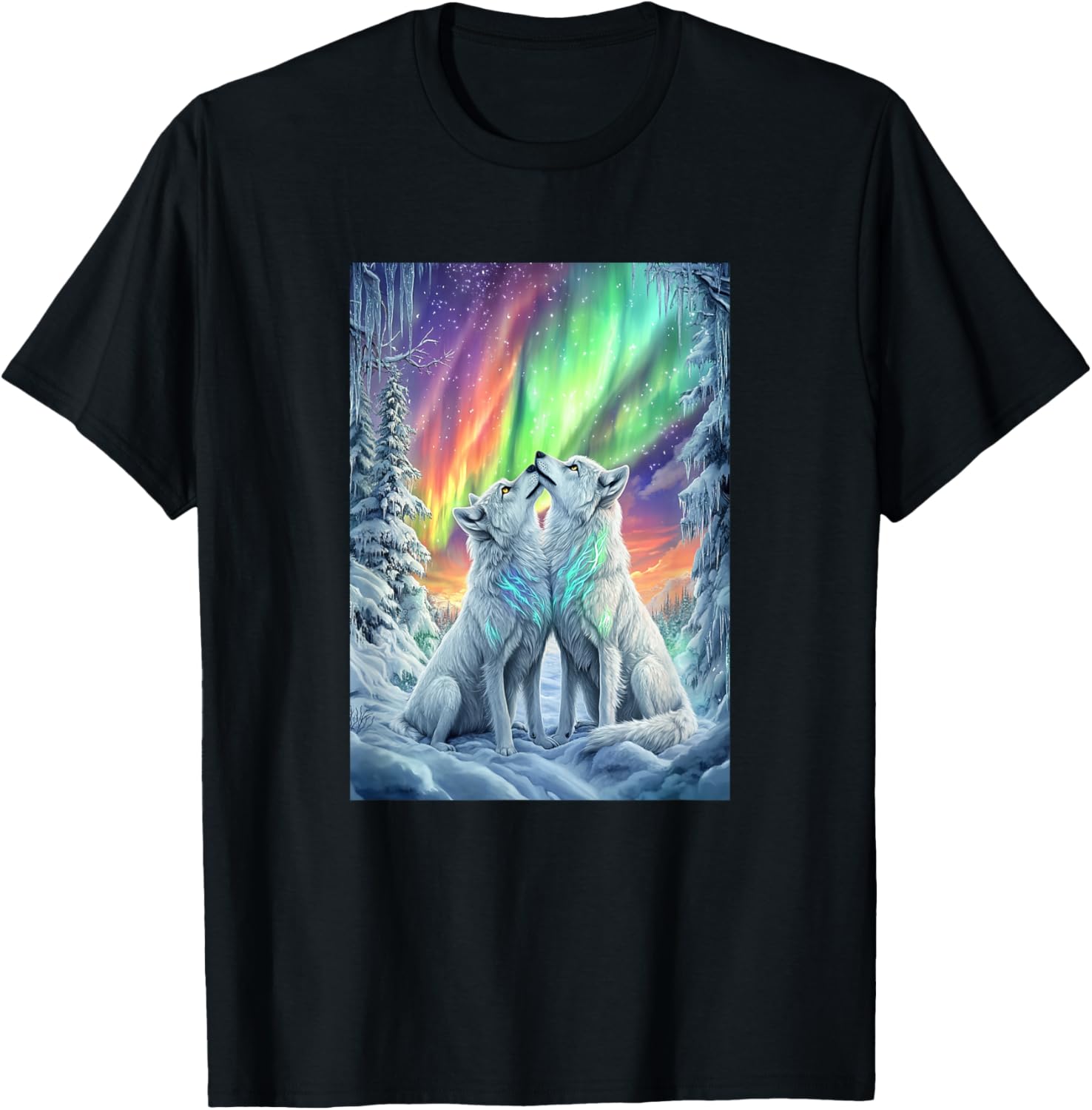 Colorful Northern Lights Wolves Nature Mtn Winter Girls Wolf T-Shirt - T-Shirt | Black