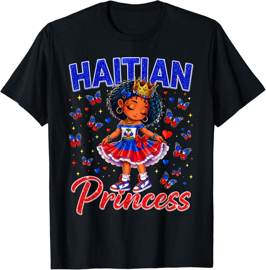 Cute Melanin Haitian Princess Haiti Flag Gift Girls Kids T-Shirt - T-Shirt | Black